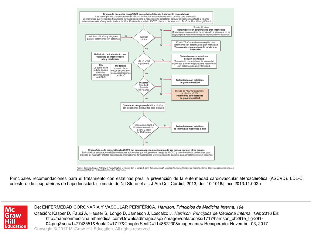 Principales recomendaciones para el tratamiento con estatinas para la prevención de la enfermedad cardiovascular aterosclerótica (ASCVD). LDL-C, colesterol de lipoproteínas de baja densidad. (Tomado de NJ Stone et al.: J Am Coll Cardiol, 2013, doi: /j.jacc )