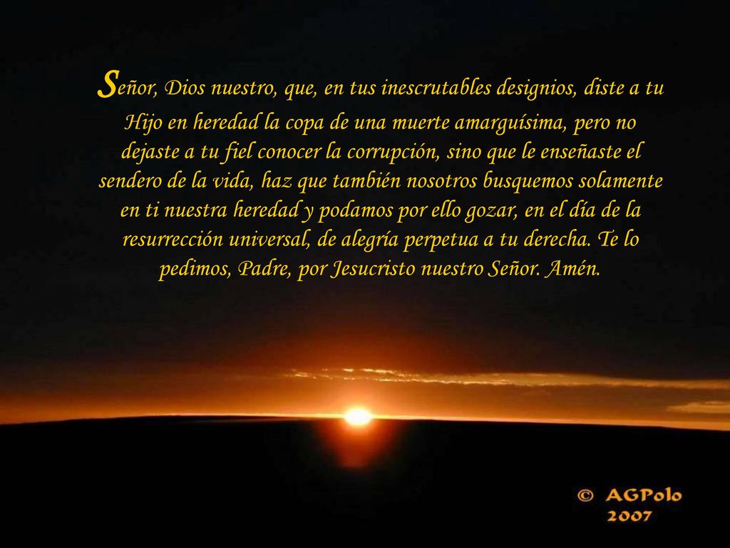 Señor, Dios nuestro, que, en tus inescrutables designios, diste a tu Hijo en heredad la copa de una muerte amarguísima, pero no dejaste a tu fiel conocer la corrupción, sino que le enseñaste el sendero de la vida, haz que también nosotros busquemos solamente en ti nuestra heredad y podamos por ello gozar, en el día de la resurrección universal, de alegría perpetua a tu derecha.