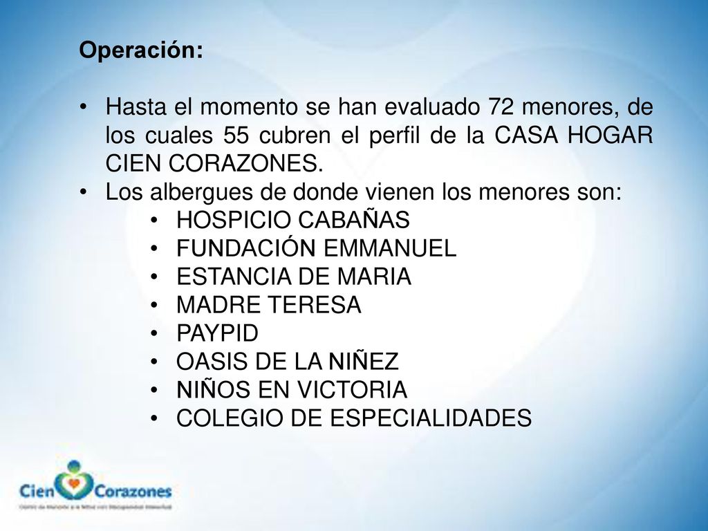 Operación: Hasta el momento se han evaluado 72 menores, de los cuales 55 cubren el perfil de la CASA HOGAR CIEN CORAZONES.