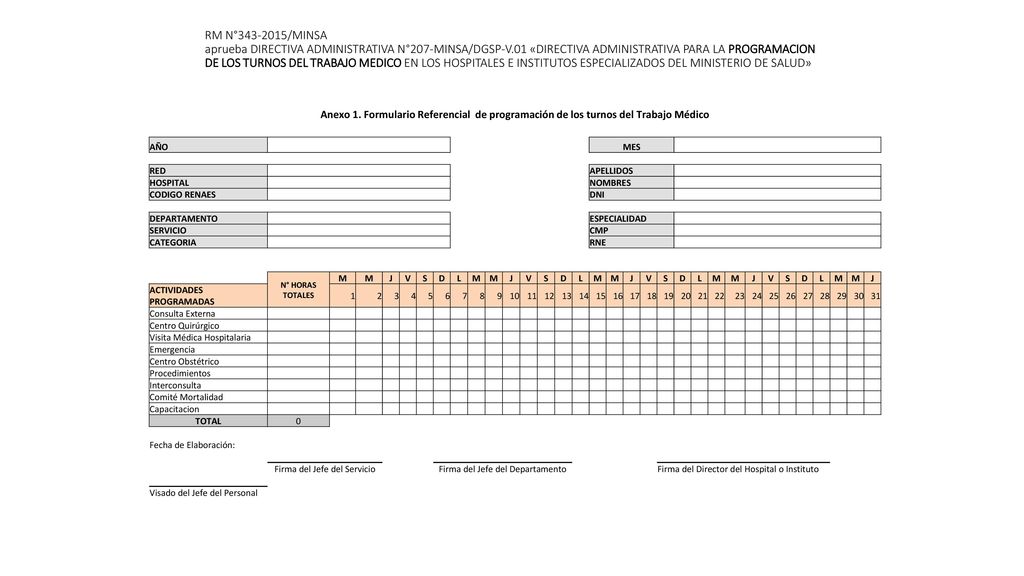 RM N° /MINSA aprueba DIRECTIVA ADMINISTRATIVA N°207-MINSA/DGSP-V.01 «DIRECTIVA ADMINISTRATIVA PARA LA PROGRAMACION DE LOS TURNOS DEL TRABAJO MEDICO EN LOS HOSPITALES E INSTITUTOS ESPECIALIZADOS DEL MINISTERIO DE SALUD»