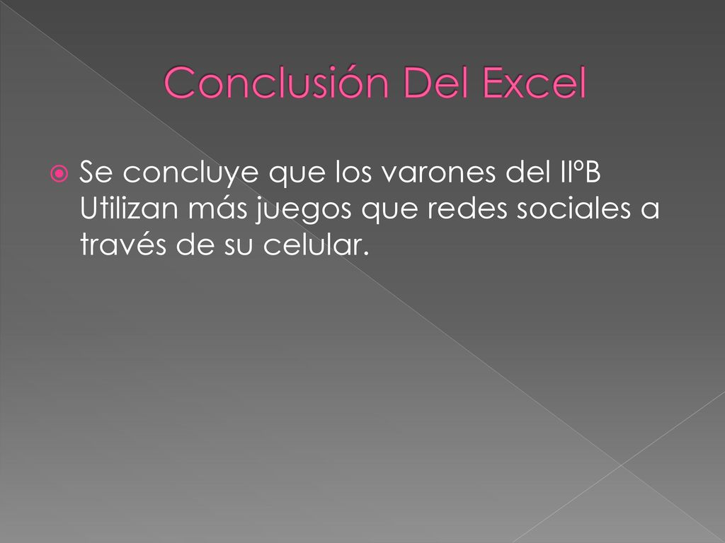 Conclusión Del Excel Se concluye que los varones del IIºB Utilizan más juegos que redes sociales a través de su celular.
