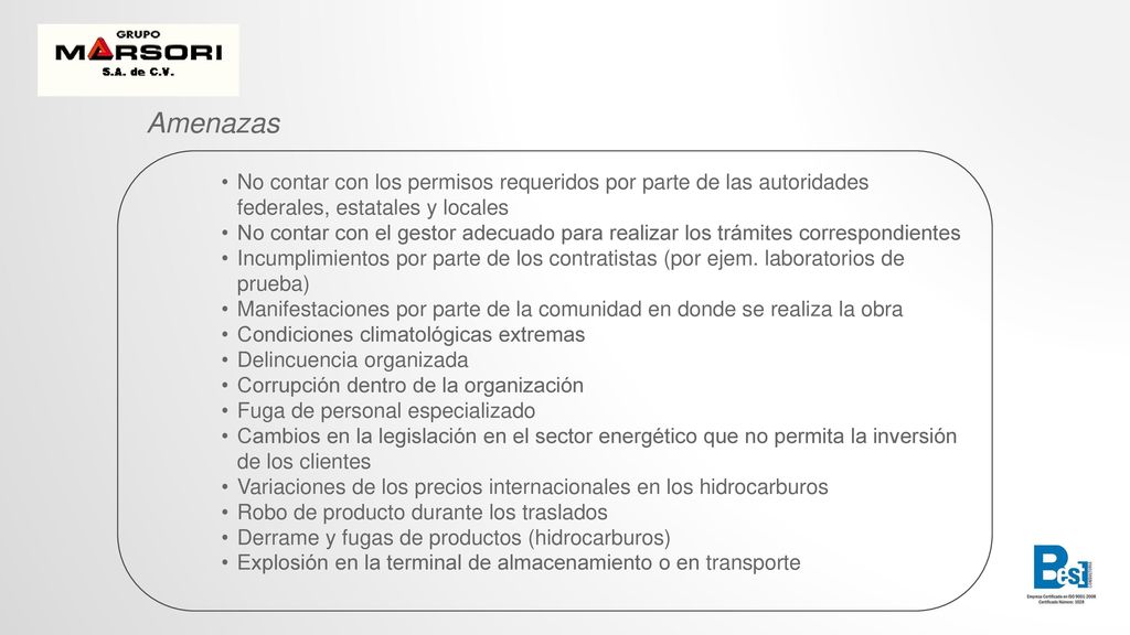 Amenazas No contar con los permisos requeridos por parte de las autoridades federales, estatales y locales.
