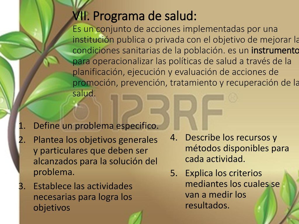 VII. Programa de salud: Es un conjunto de acciones implementadas por una institución publica o privada con el objetivo de mejorar las condiciones sanitarias de la población. es un instrumento para operacionalizar las políticas de salud a través de la planificación, ejecución y evaluación de acciones de promoción, prevención, tratamiento y recuperación de la salud.
