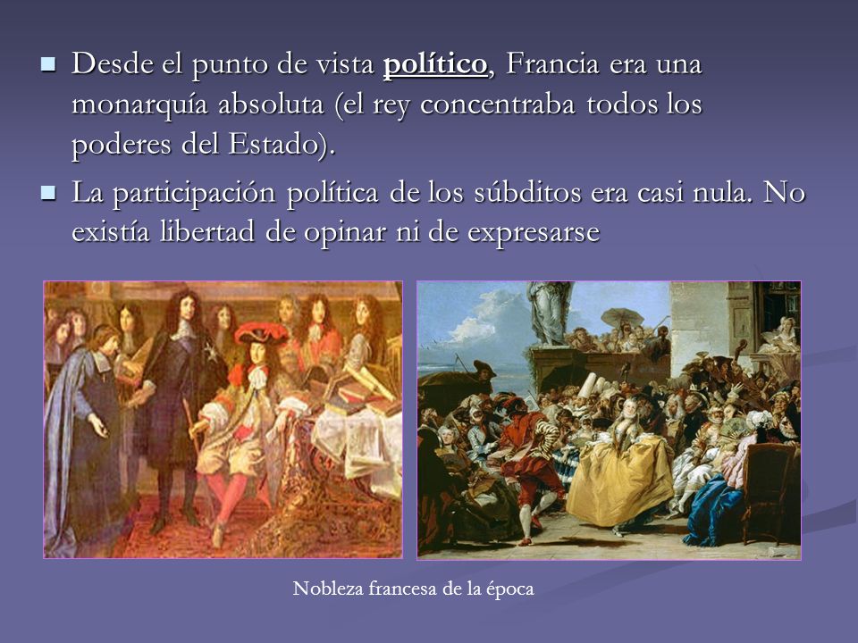 Desde el punto de vista político, Francia era una monarquía absoluta (el rey concentraba todos los poderes del Estado).