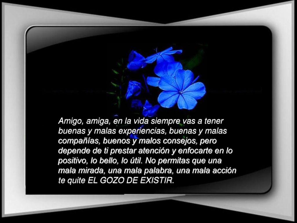 Amigo, amiga, en la vida siempre vas a tener buenas y malas experiencias, buenas y malas compañías, buenos y malos consejos, pero depende de ti prestar atención y enfocarte en lo positivo, lo bello, lo útil.