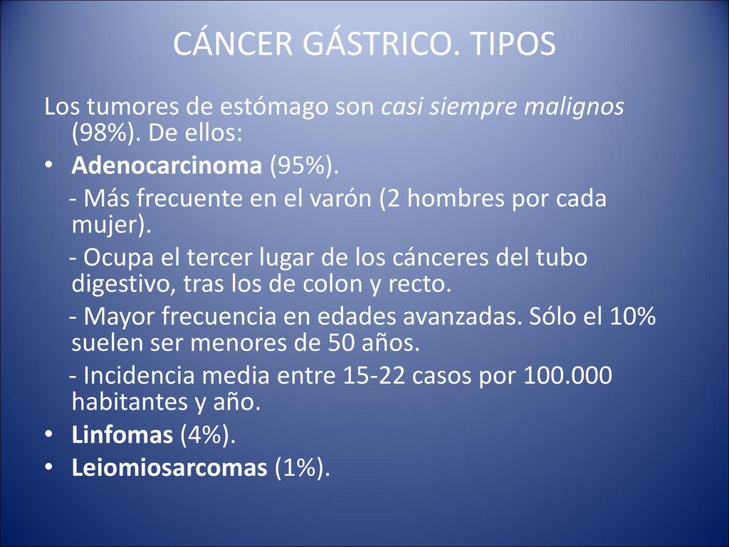CÁNCER GÁSTRICO. TIPOS Los tumores de estómago son casi siempre malignos (98%). De ellos: Adenocarcinoma (95%).