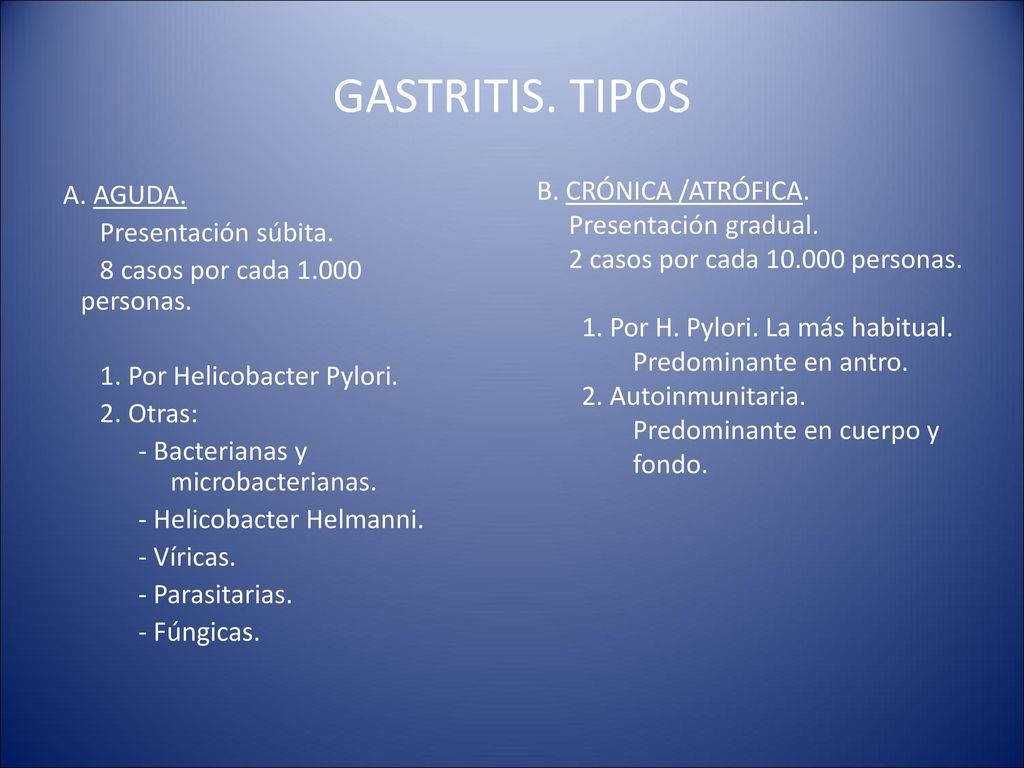 GASTRITIS. TIPOS B. CRÓNICA /ATRÓFICA. Presentación súbita.