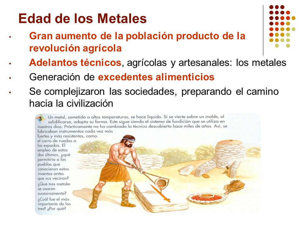 Edad de los Metales Gran aumento de la población producto de la revolución agrícola. Adelantos técnicos, agrícolas y artesanales: los metales.