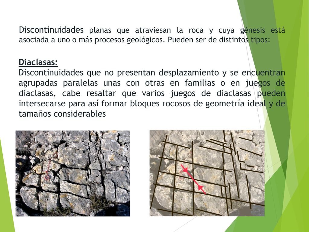 Discontinuidades planas que atraviesan la roca y cuya génesis está asociada a uno o más procesos geológicos. Pueden ser de distintos tipos: