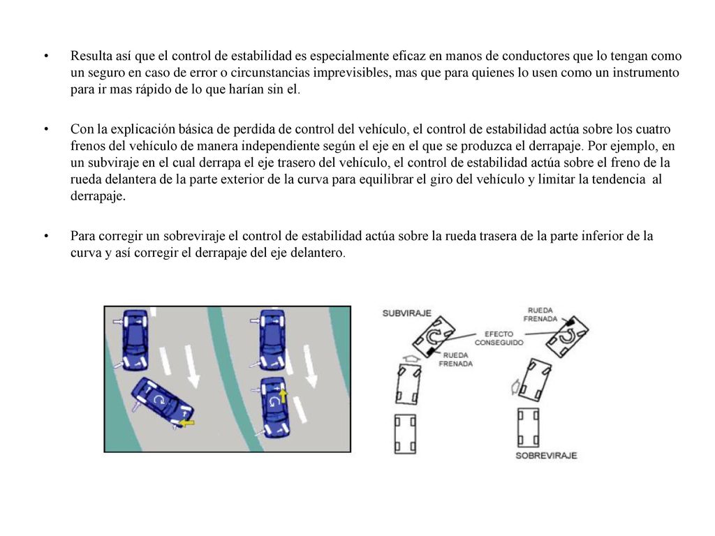 Resulta así que el control de estabilidad es especialmente eficaz en manos de conductores que lo tengan como un seguro en caso de error o circunstancias imprevisibles, mas que para quienes lo usen como un instrumento para ir mas rápido de lo que harían sin el.