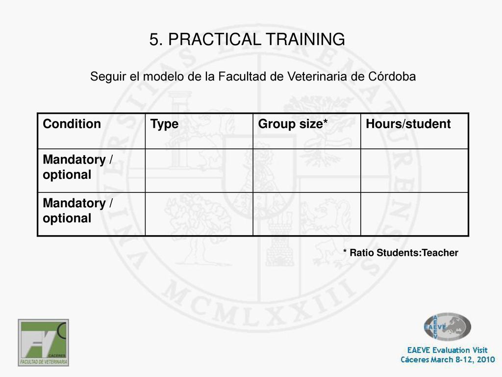 5. PRACTICAL TRAINING Seguir el modelo de la Facultad de Veterinaria de Córdoba. Condition. Type.