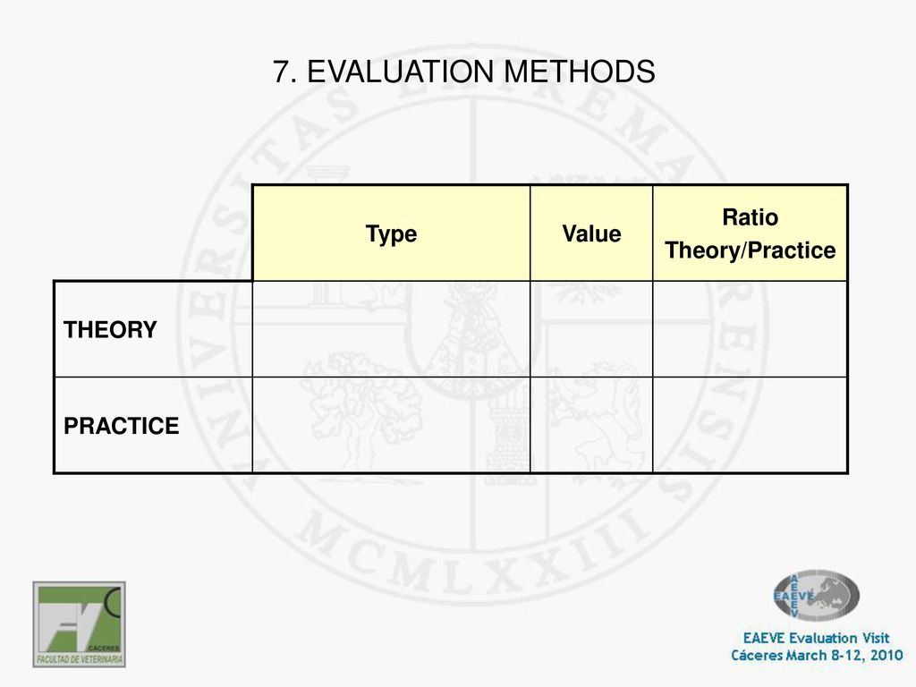 7. EVALUATION METHODS Type Value Ratio Theory/Practice THEORY PRACTICE