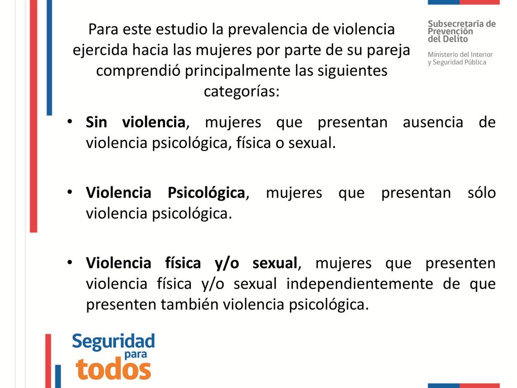 Para este estudio la prevalencia de violencia ejercida hacia las mujeres por parte de su pareja comprendió principalmente las siguientes categorías: