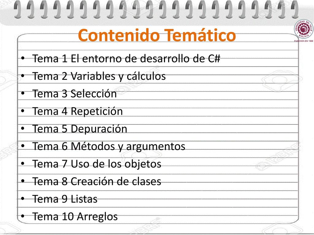Contenido Temático Tema 1 El entorno de desarrollo de C#