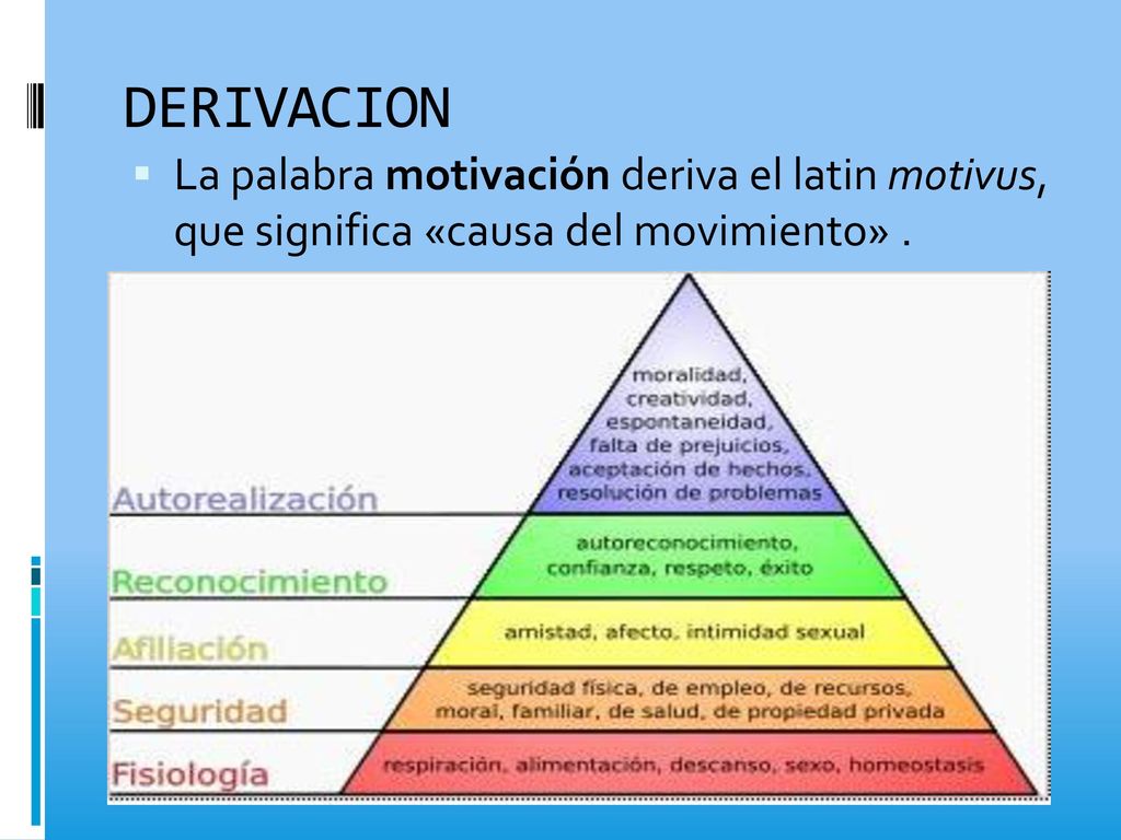 DERIVACION La palabra motivación deriva el latin motivus, que significa «causa del movimiento» .