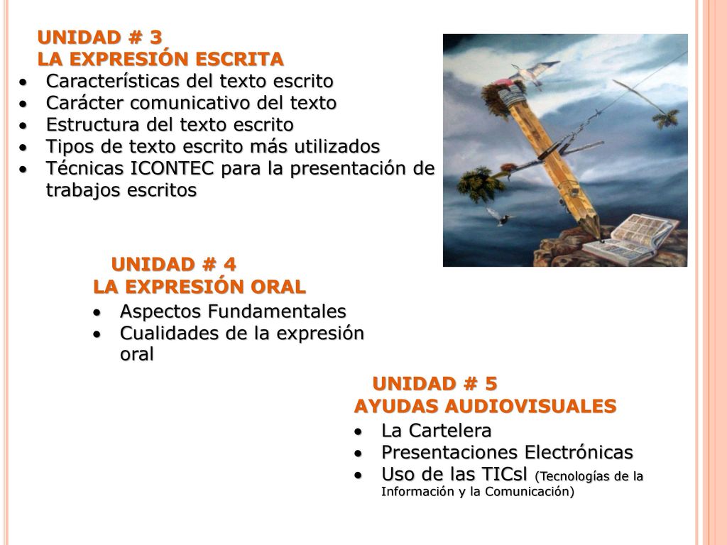 UNIDAD # 3 LA EXPRESIÓN ESCRITA. Características del texto escrito. Carácter comunicativo del texto.