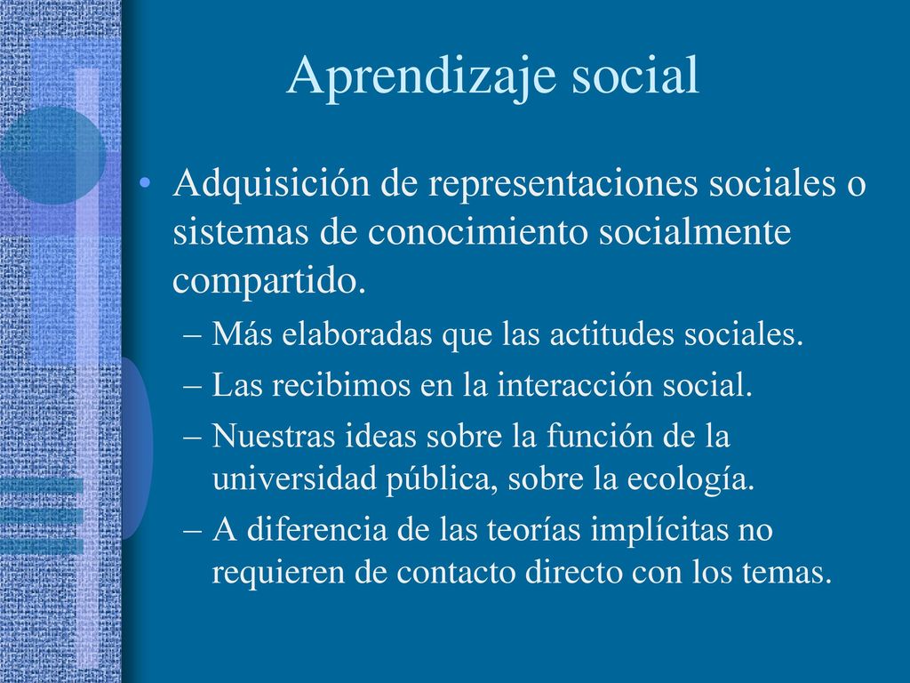 Aprendizaje social Adquisición de representaciones sociales o sistemas de conocimiento socialmente compartido.