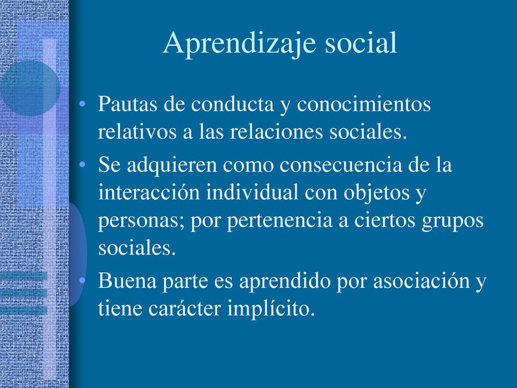 Aprendizaje social Pautas de conducta y conocimientos relativos a las relaciones sociales.
