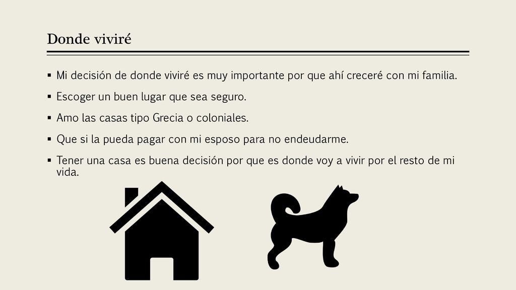 Donde viviré Mi decisión de donde viviré es muy importante por que ahí creceré con mi familia. Escoger un buen lugar que sea seguro.