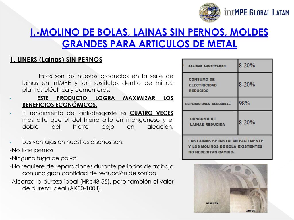 I.-MOLINO DE BOLAS, LAINAS SIN PERNOS, MOLDES GRANDES PARA ARTICULOS DE METAL