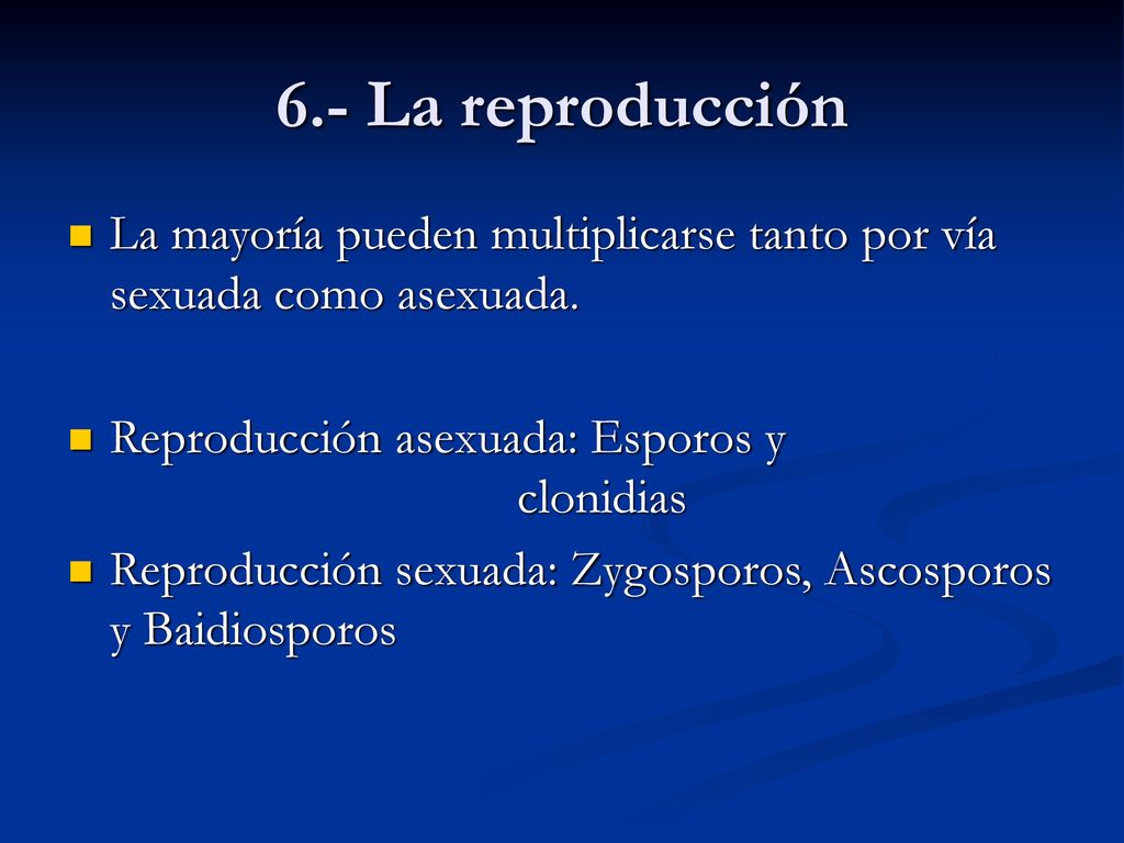 6.- La reproducción La mayoría pueden multiplicarse tanto por vía sexuada como asexuada. Reproducción asexuada: Esporos y clonidias.