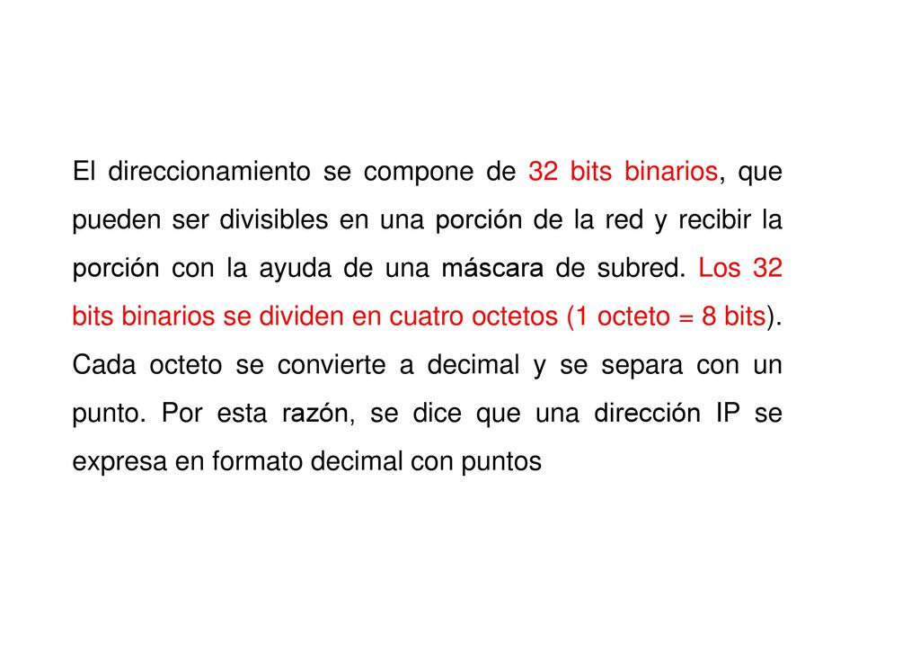 El direccionamiento se compone de 32 bits binarios, que pueden ser divisibles en una porción de la red y recibir la porción con la ayuda de una máscara de subred.