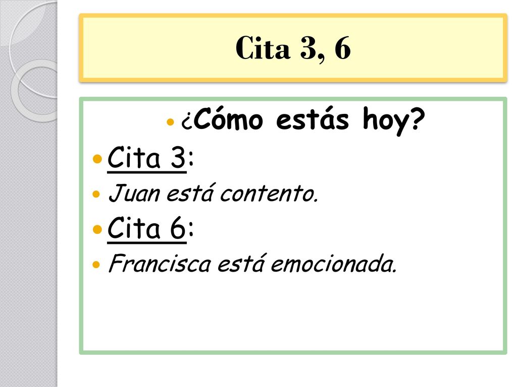 Cita 3, 6 Cita 3: Cita 6: ¿Cómo estás hoy Juan está contento.