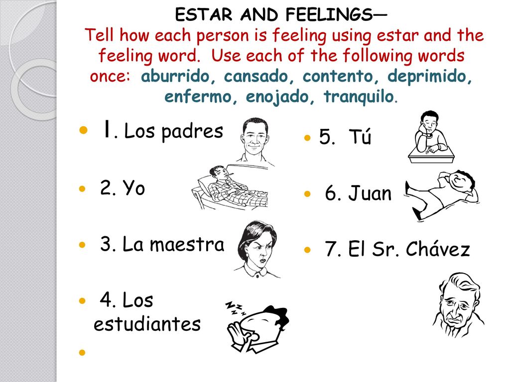 1. Los padres 5. Tú 2. Yo 6. Juan 3. La maestra 7. El Sr. Chávez