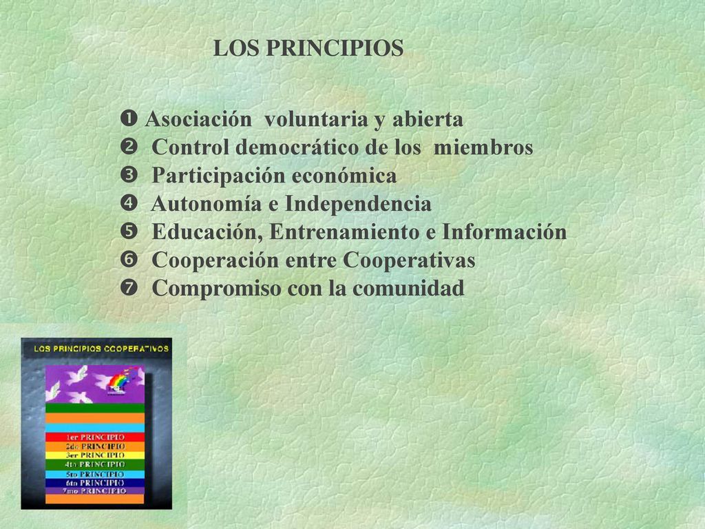 LOS PRINCIPIOS Asociación voluntaria y abierta. Control democrático de los miembros. Participación económica.