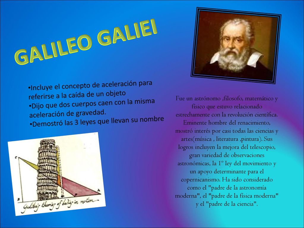 GALILEO GALIEI Incluye el concepto de aceleración para referirse a la caída de un objeto.
