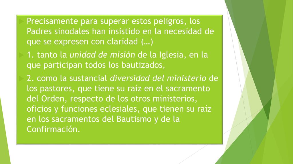 Precisamente para superar estos peligros, los Padres sinodales han insistido en la necesidad de que se expresen con claridad (…)