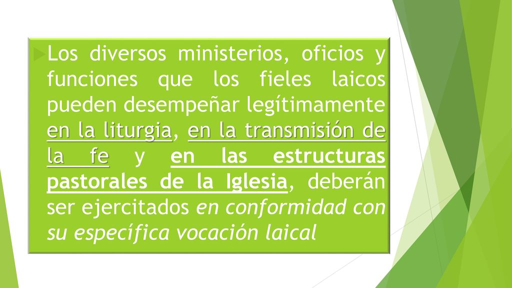 Los diversos ministerios, oficios y funciones que los fieles laicos pueden desempeñar legítimamente en la liturgia, en la transmisión de la fe y en las estructuras pastorales de la Iglesia, deberán ser ejercitados en conformidad con su específica vocación laical