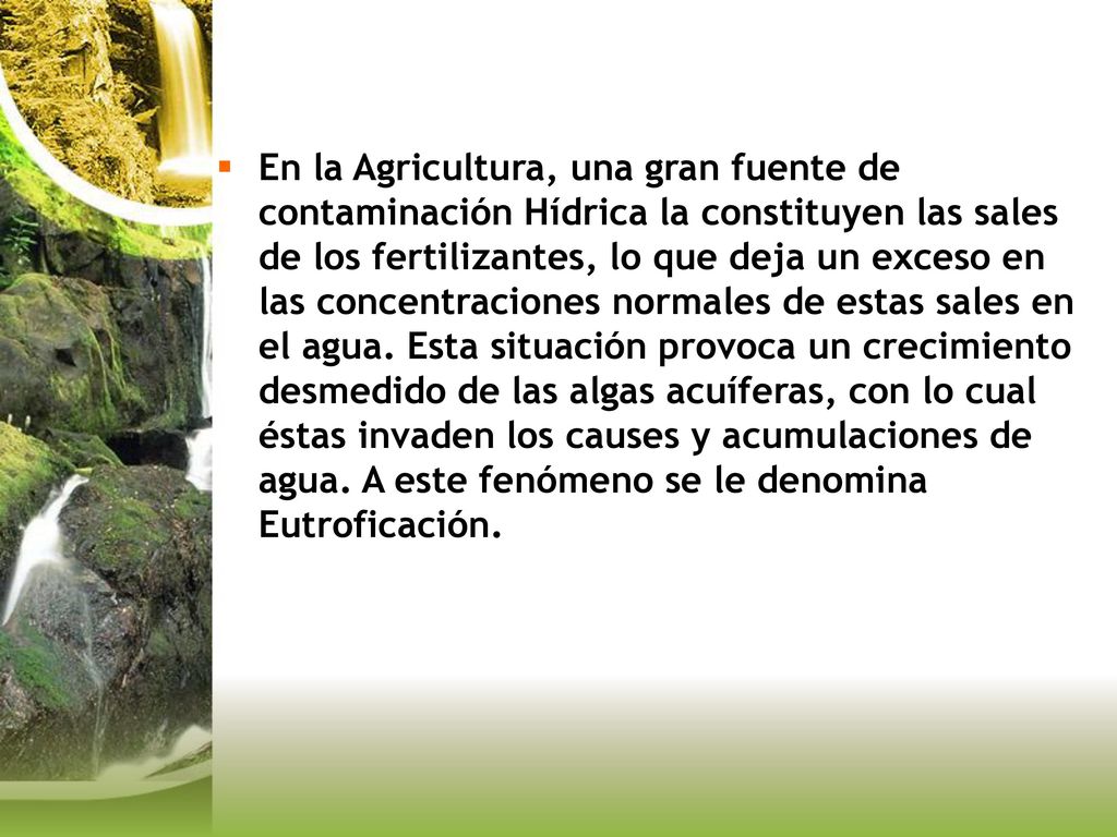 En la Agricultura, una gran fuente de contaminación Hídrica la constituyen las sales de los fertilizantes, lo que deja un exceso en las concentraciones normales de estas sales en el agua.