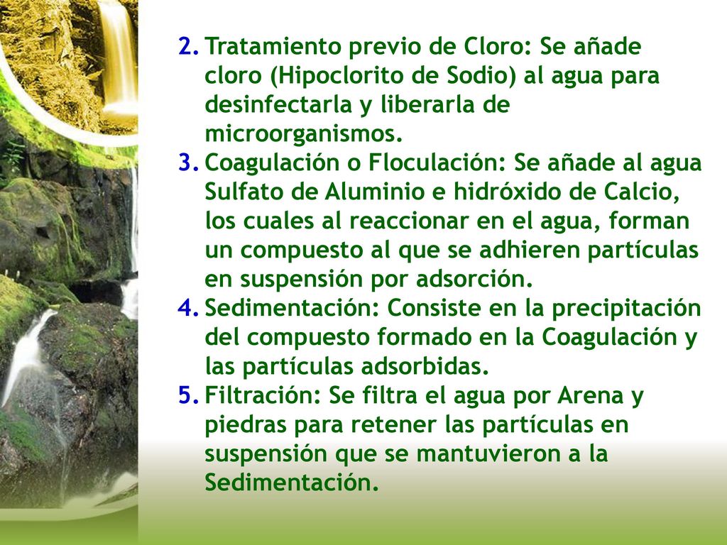 Tratamiento previo de Cloro: Se añade cloro (Hipoclorito de Sodio) al agua para desinfectarla y liberarla de microorganismos.