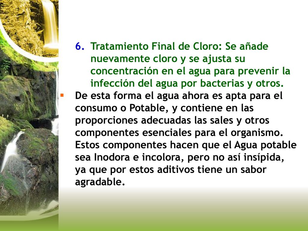 Tratamiento Final de Cloro: Se añade nuevamente cloro y se ajusta su concentración en el agua para prevenir la infección del agua por bacterias y otros.