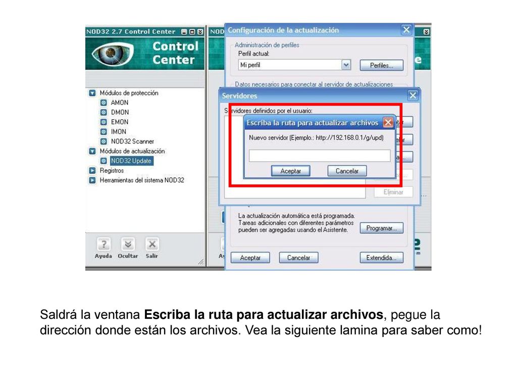 Saldrá la ventana Escriba la ruta para actualizar archivos, pegue la dirección donde están los archivos.