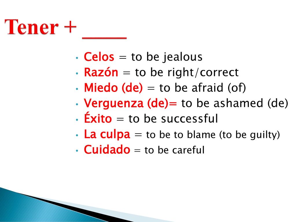 Tener + ____ Celos = to be jealous Razón = to be right/correct