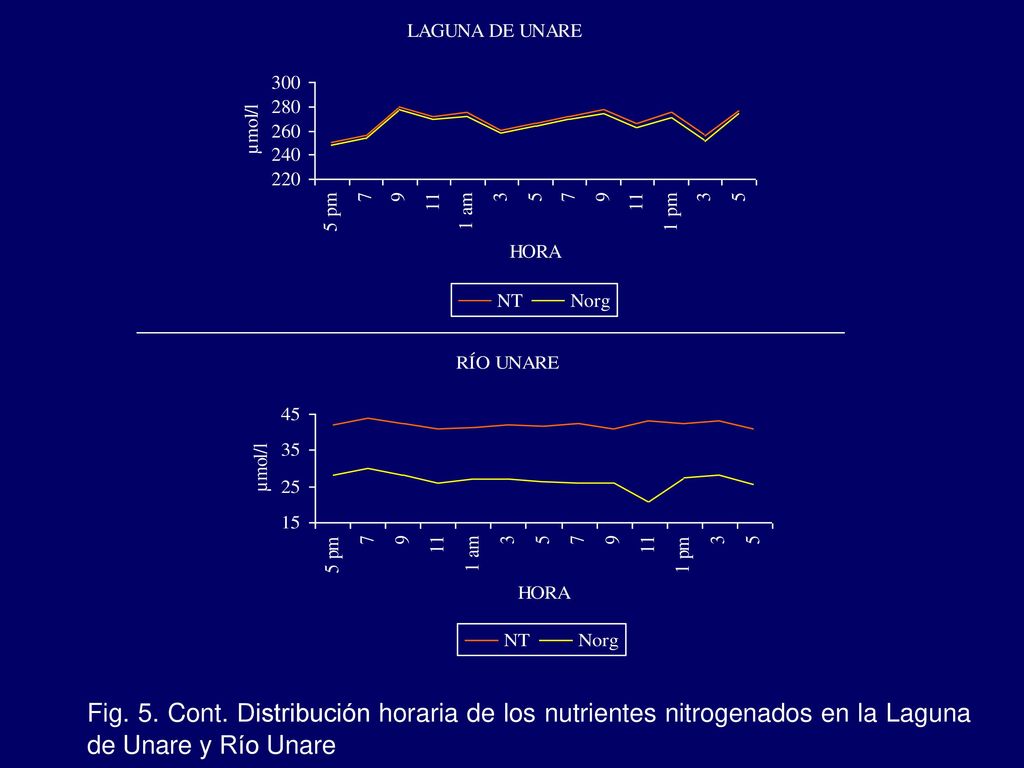 Fig. 5. Cont. Distribución horaria de los nutrientes nitrogenados en la Laguna de Unare y Río Unare