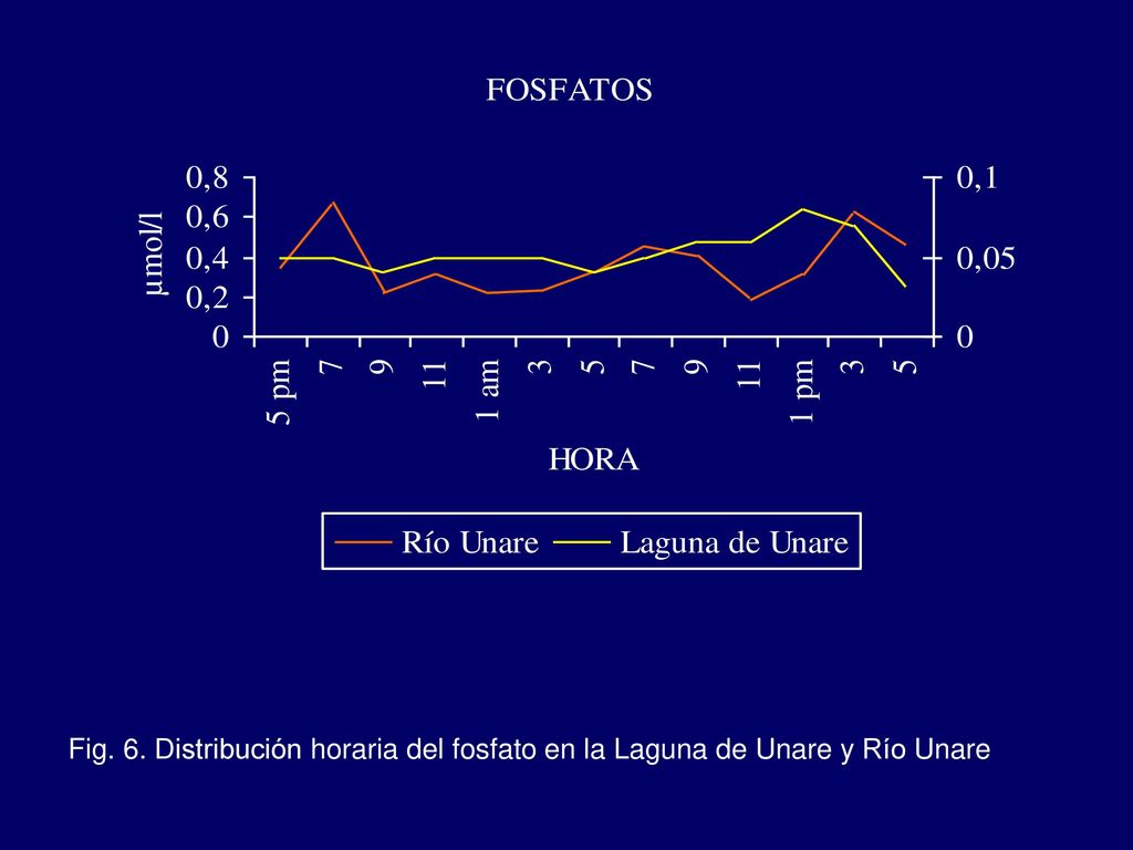 Fig. 6. Distribución horaria del fosfato en la Laguna de Unare y Río Unare
