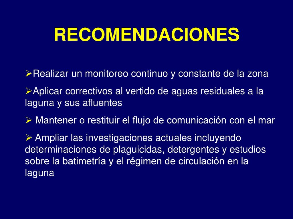 RECOMENDACIONES Realizar un monitoreo continuo y constante de la zona