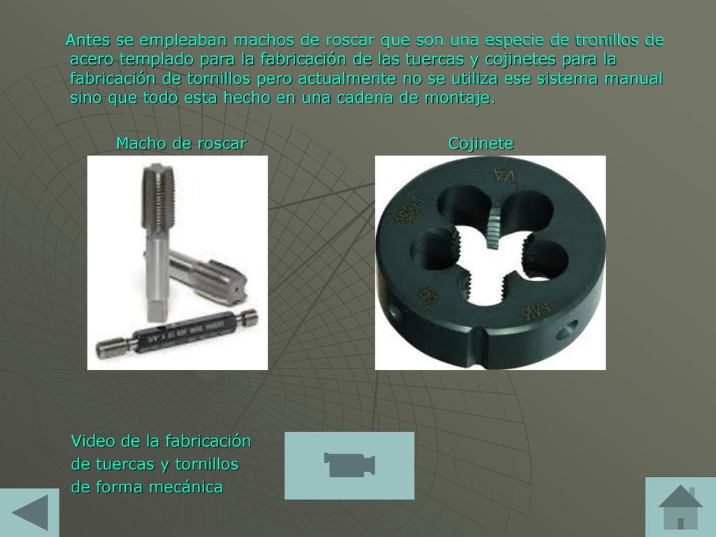 Antes se empleaban machos de roscar que son una especie de tronillos de acero templado para la fabricación de las tuercas y cojinetes para la fabricación de tornillos pero actualmente no se utiliza ese sistema manual sino que todo esta hecho en una cadena de montaje.