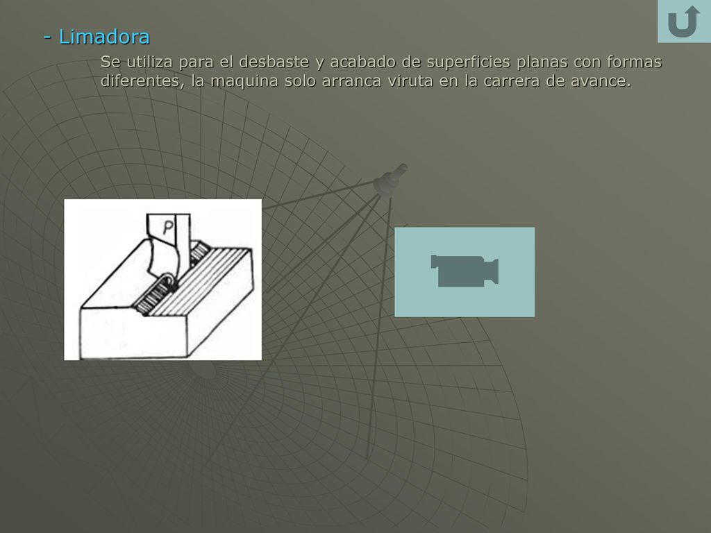 - Limadora Se utiliza para el desbaste y acabado de superficies planas con formas diferentes, la maquina solo arranca viruta en la carrera de avance.