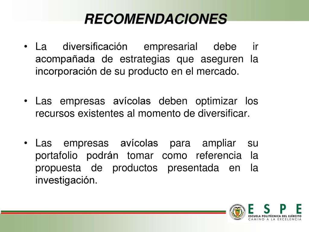 RECOMENDACIONES La diversificación empresarial debe ir acompañada de estrategias que aseguren la incorporación de su producto en el mercado.