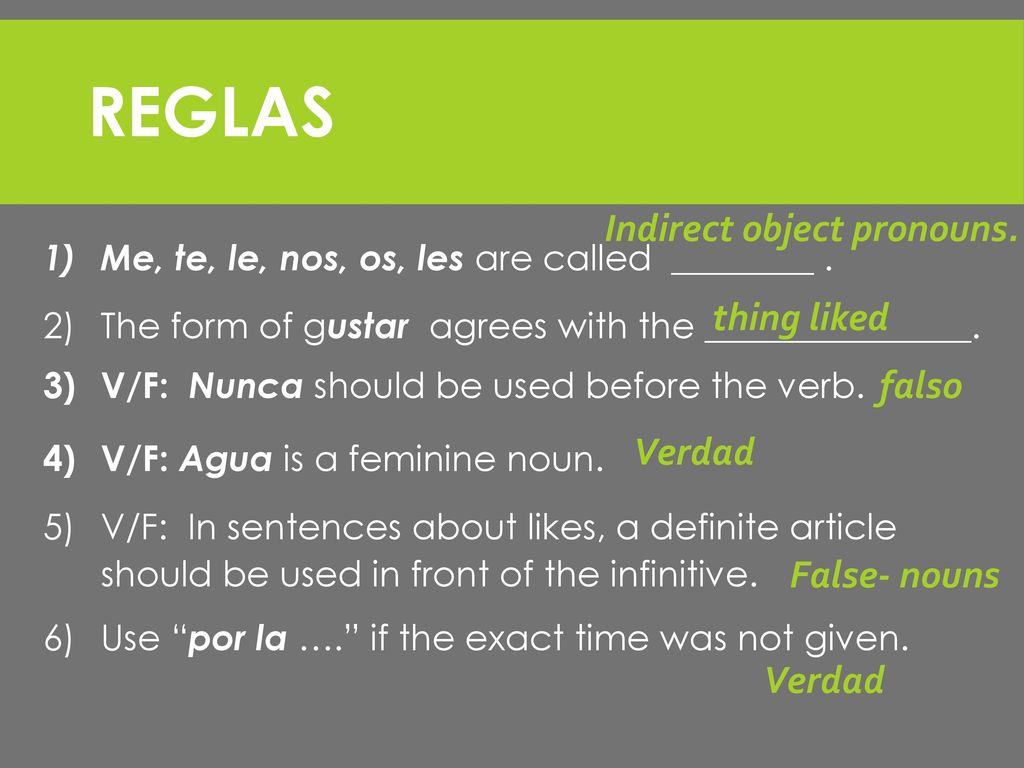 REGLAS Indirect object pronouns. thing liked falso Verdad False- nouns