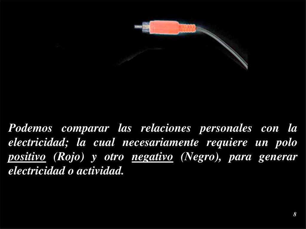 Podemos comparar las relaciones personales con la electricidad; la cual necesariamente requiere un polo positivo (Rojo) y otro negativo (Negro), para generar electricidad o actividad.