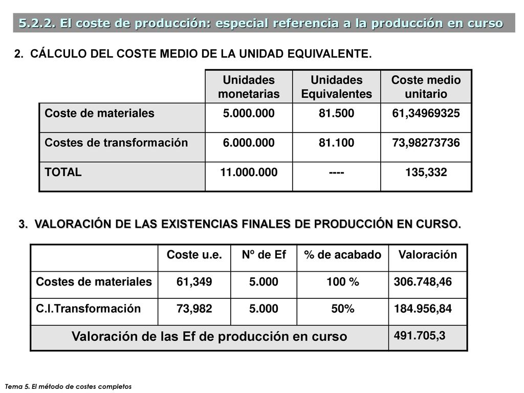 Unidades Equivalentes Valoración de las Ef de producción en curso