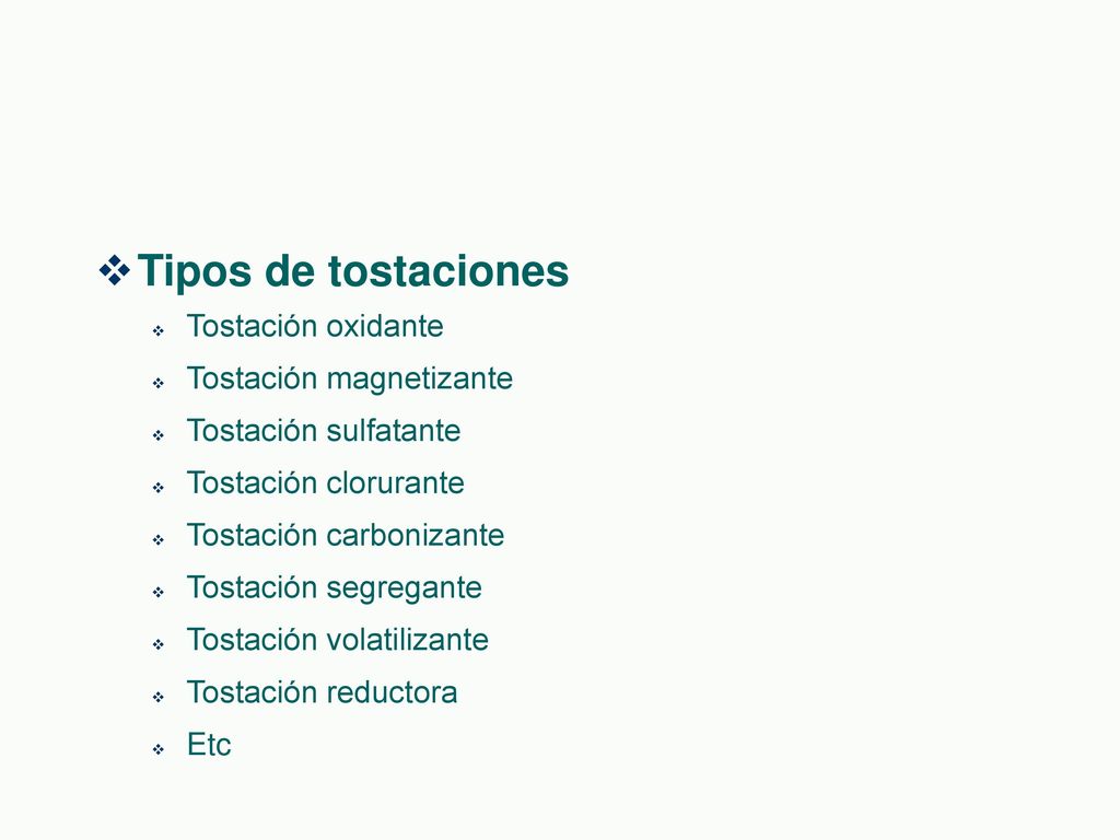 Tipos de tostaciones Tostación oxidante Tostación magnetizante