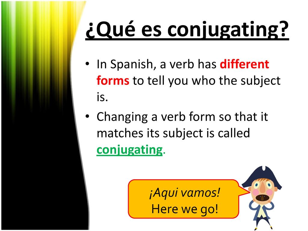 ¿Qué es conjugating In Spanish, a verb has different forms to tell you who the subject is.