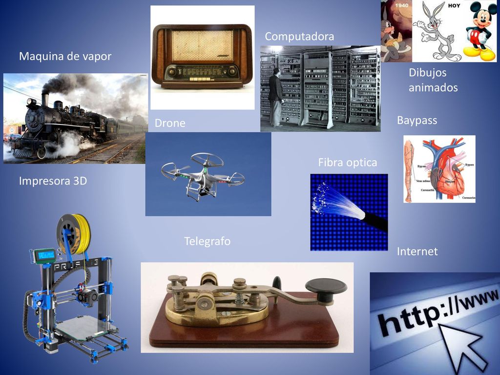 Radio Computadora. Maquina de vapor. Dibujos animados. Drone. Baypass. Fibra optica. Impresora 3D.