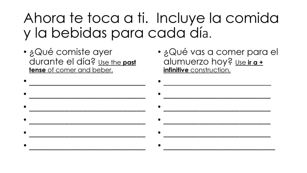 Ahora te toca a ti. Incluye la comida y la bebidas para cada día.